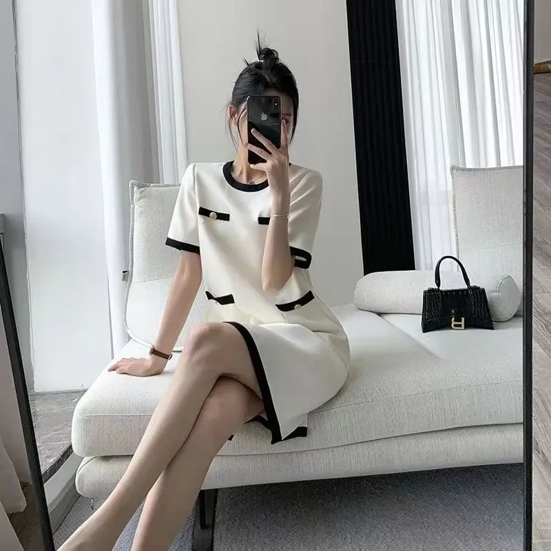 Summer Simple Style Large Size Mid-Long Dress Women 2024 New Fashion Loose Casual Round Collar Temperament White Dresss Female