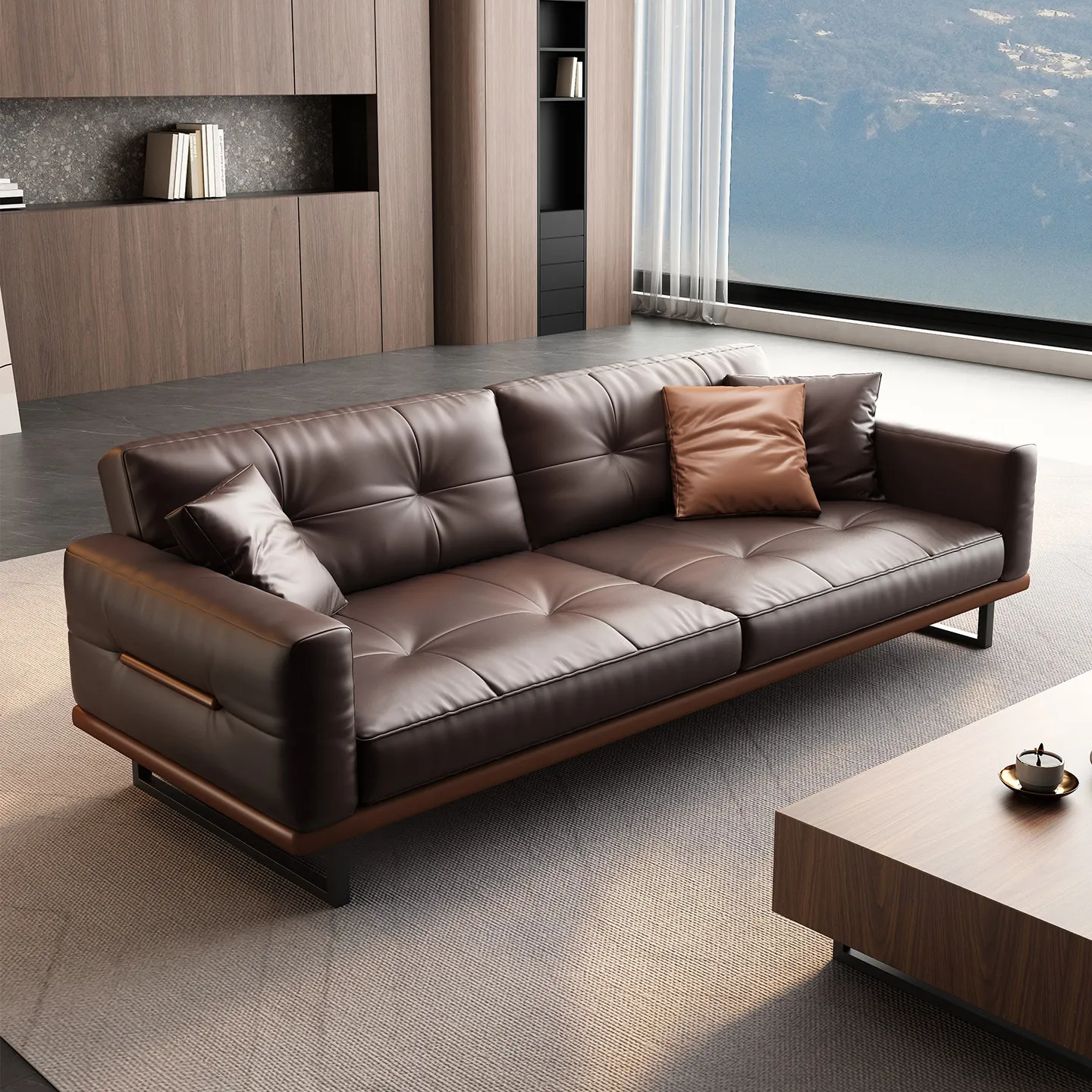 Leather three-person office sofa coffee table set, suitable for reception area