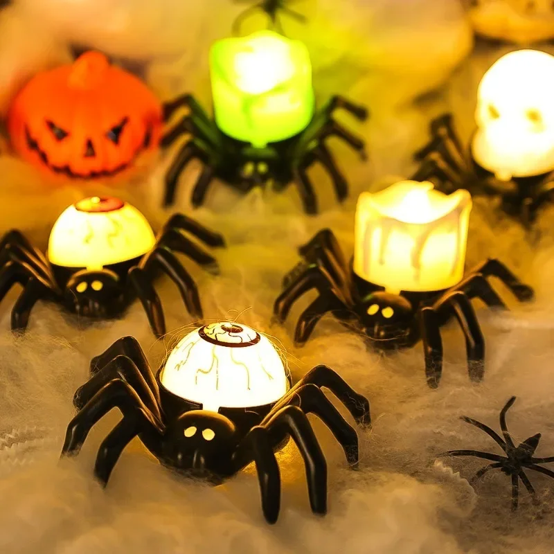 LED Spider Candle Lights Glowing Black Spider Skull Head Candle Lamps Ornament Halloween Party Atmosphere Decorative Supplies