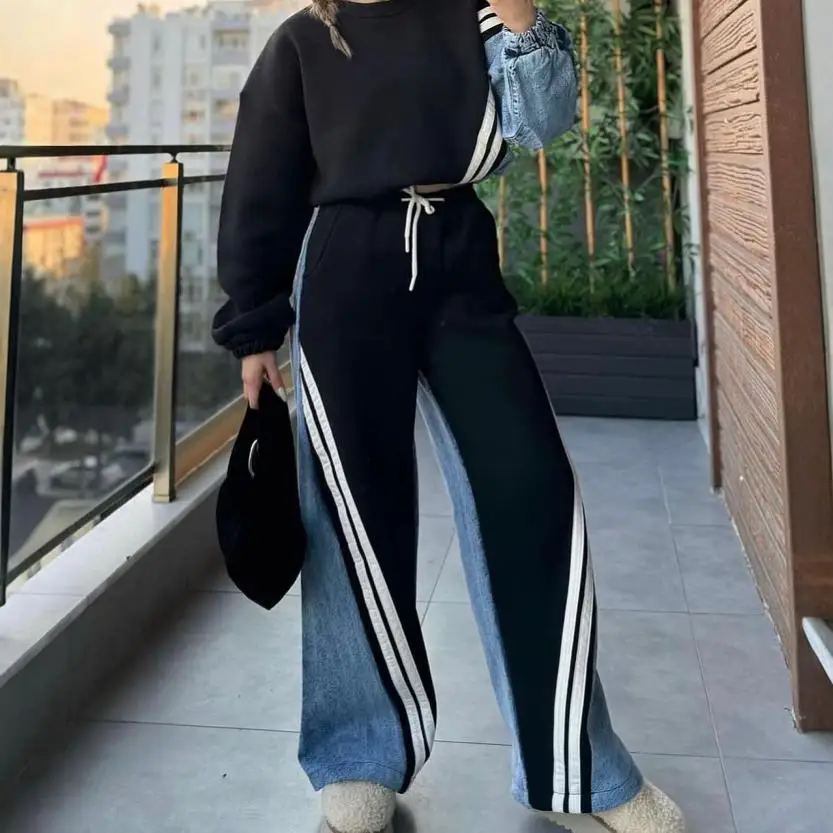 

SuperAen 2024 Autumn New High Street Retro Splicing Striped Sweatshirt with Drawstring Long Pants