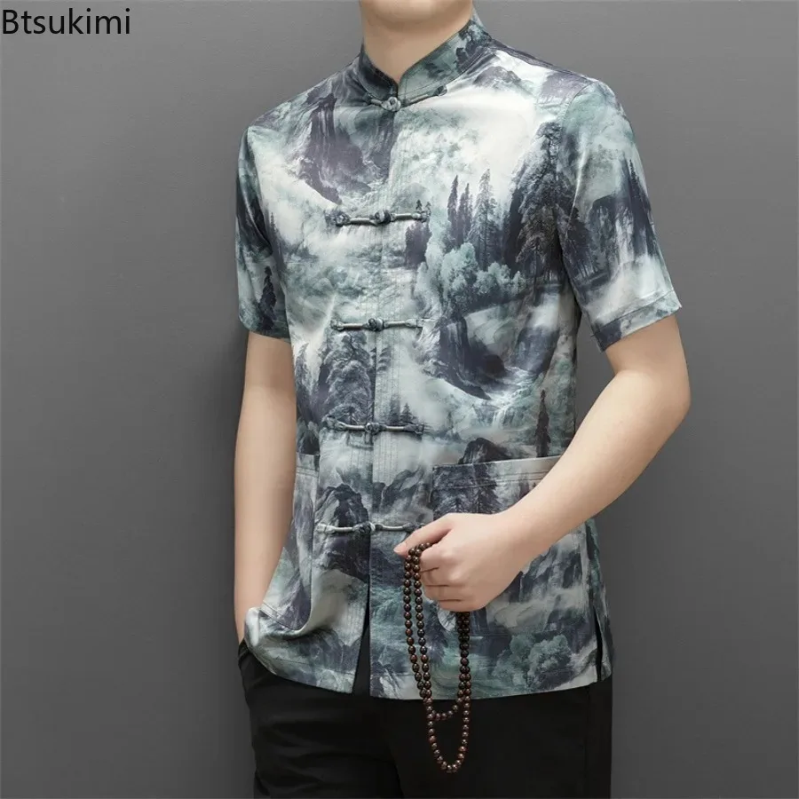 2024 Chinese Style Men's Stand Collar Short-sleeved Printed Shirts Summer Fashion Retro Casual Shirt Men Clothes Hanfu Tang Suit