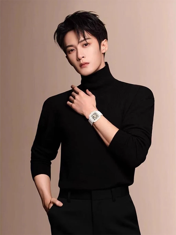 

Мужской вязаный свитер Thiened Fce с высоким воротником, зимний теплый базовый слой, повседневная нейлоновая ткань, обычная длина све