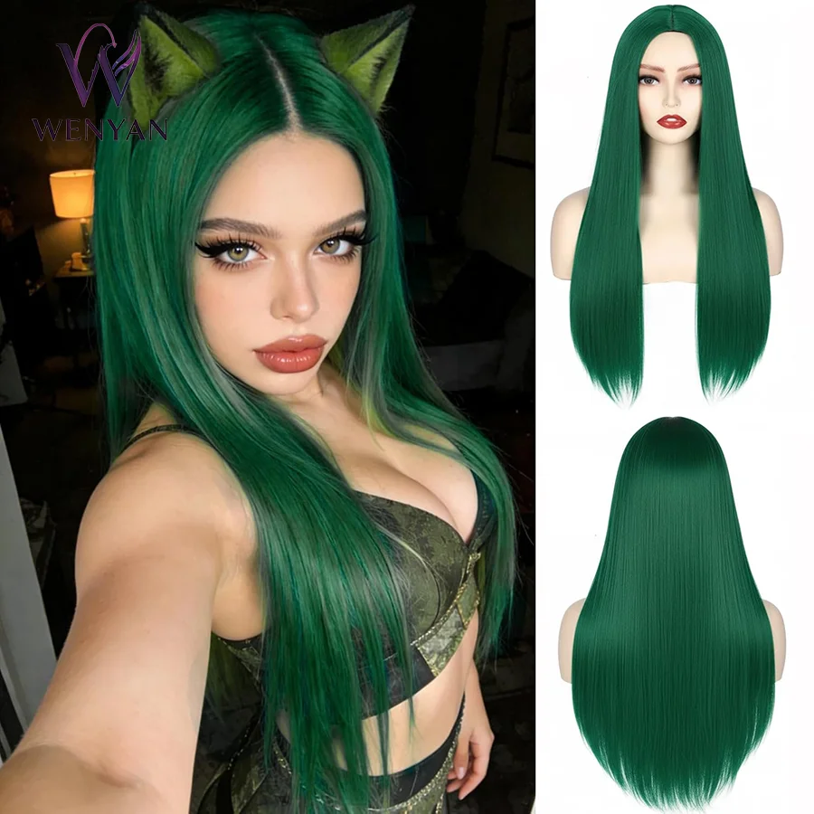 24inch  Green Wig Long Straight Hair Wigs Middle Part Natural Heat Resistant Synthetic Fiber Party Cosplay Costume Full Wigs