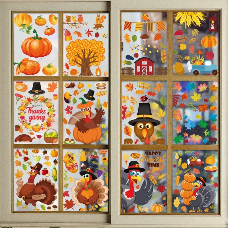 2024 Autumn Theme Farm Holiday Window Glass Stickers Thanksgiving Turkey Static Stickers Maple Leaf Stickers Decor Mall Home