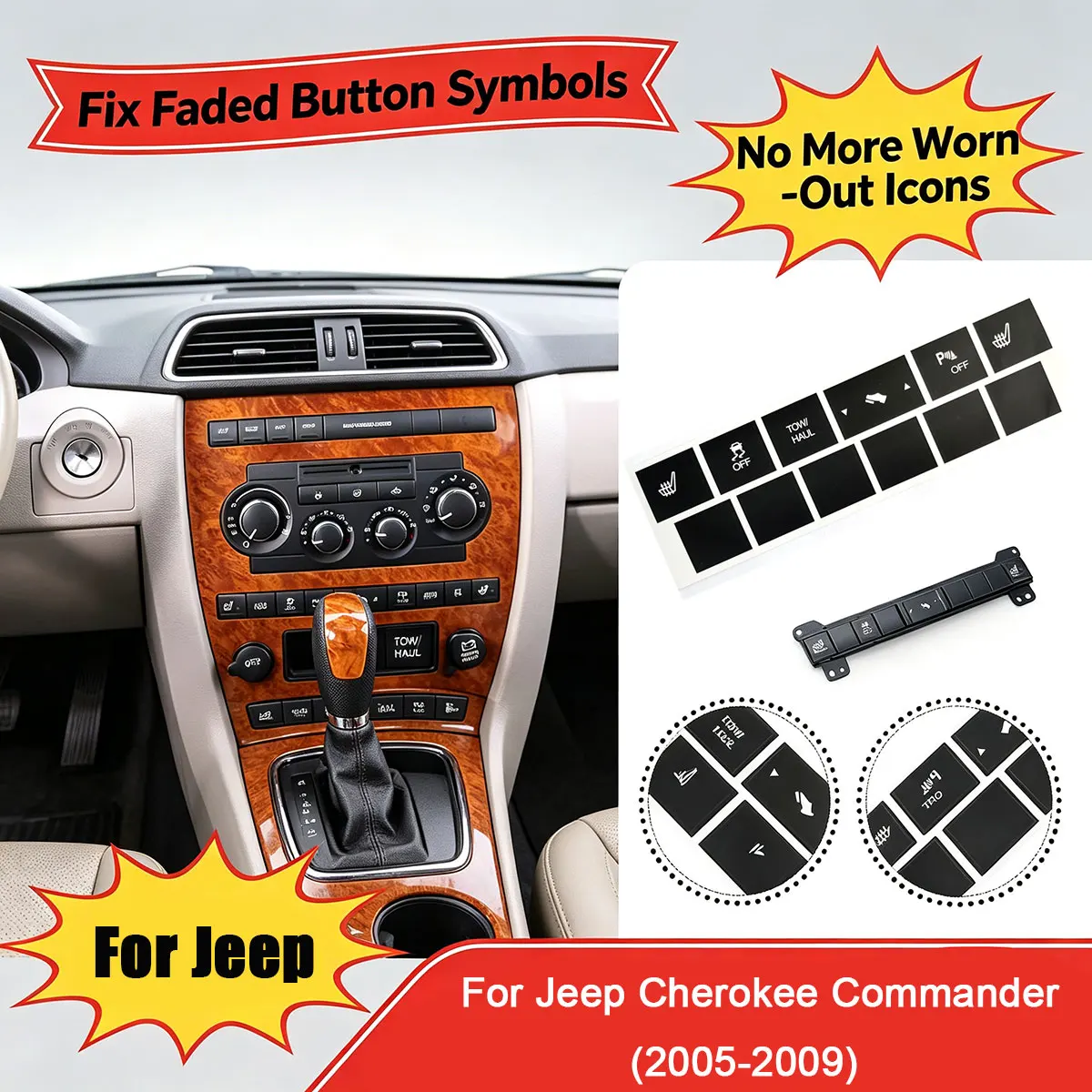 Black Repair Sticker For Jeep Cherokee Commander 2005 2006 2007 2008 2009 Heated Seat Traction Button Decals Set