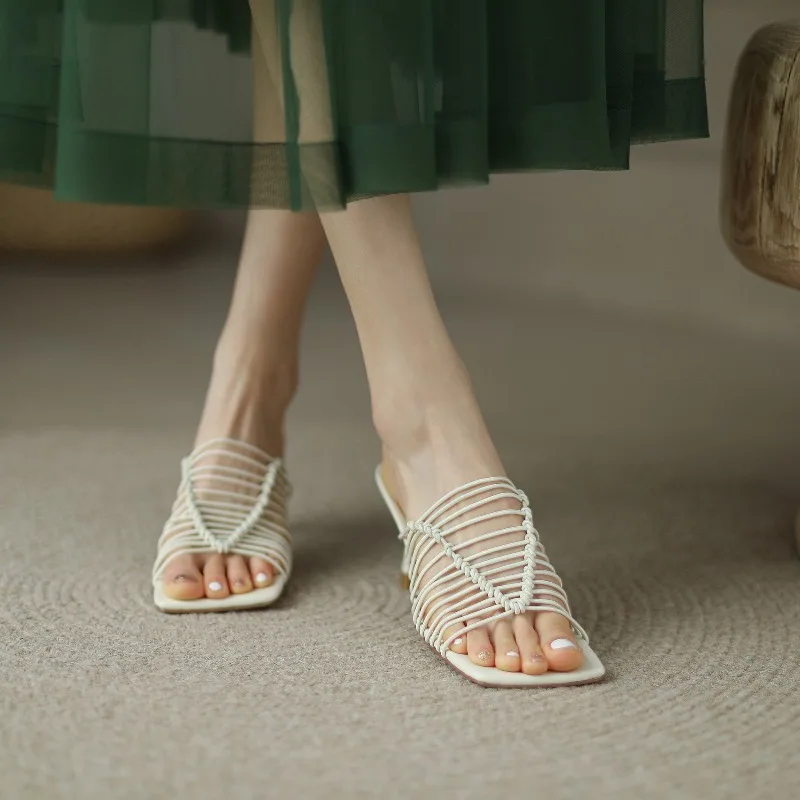 2026 new summer women sandals natural leather 22-26.5cm weave elastic band+sheepskin cross-strap mules high heel women slippers