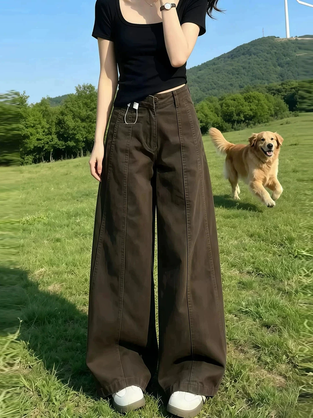 Brown Fleece Lined Wide Leg Denim Jeans High Waist Loose Fit Women's Autumn Winter New Style Pear Shape Slimming Large Size
