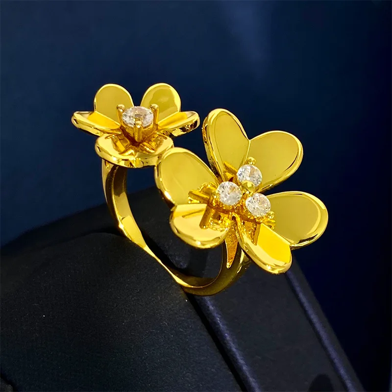 

High Quality 18K Gold Plated Simple And Smooth Double Flower Open Rings For Women Fashion Jewelry LR029