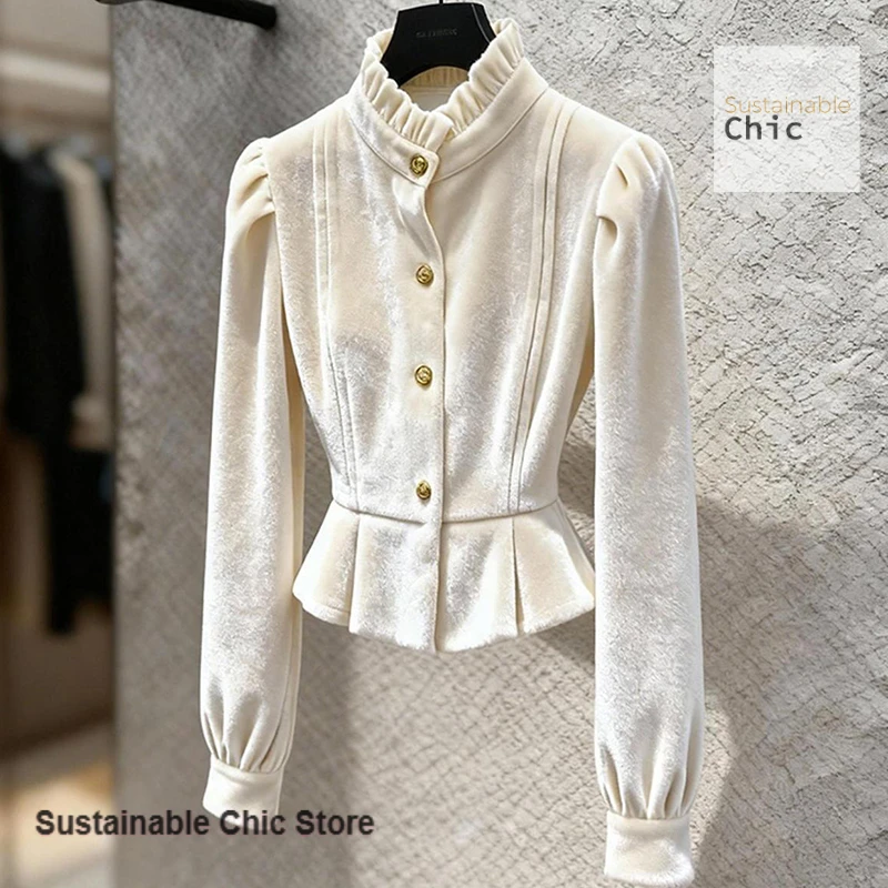 

French white plus velvet blouse women's spring and autumn new fashion, high-grade sense, age-reducing and unique versatile top.