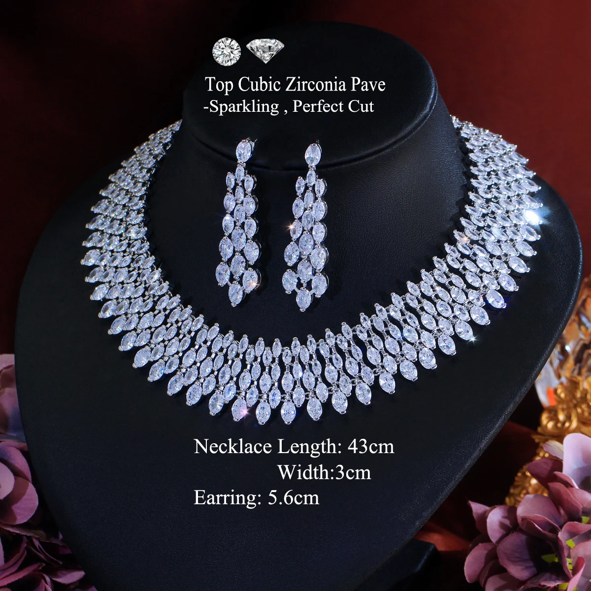 CWWZircons Prachtvolle 5A Kubikzirkonia-Besetzte Große Massive Braut-Choker-Halskette und Ohrring-Sets für Damen Party Hochzeitsschmuck T0841 – Detail 1