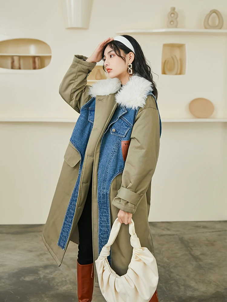 

Женская зимняя утепленная длинная хлопковая куртка свободного кроя, теплая, стильная, в корейском стиле, с пуговицами и меховым воротником