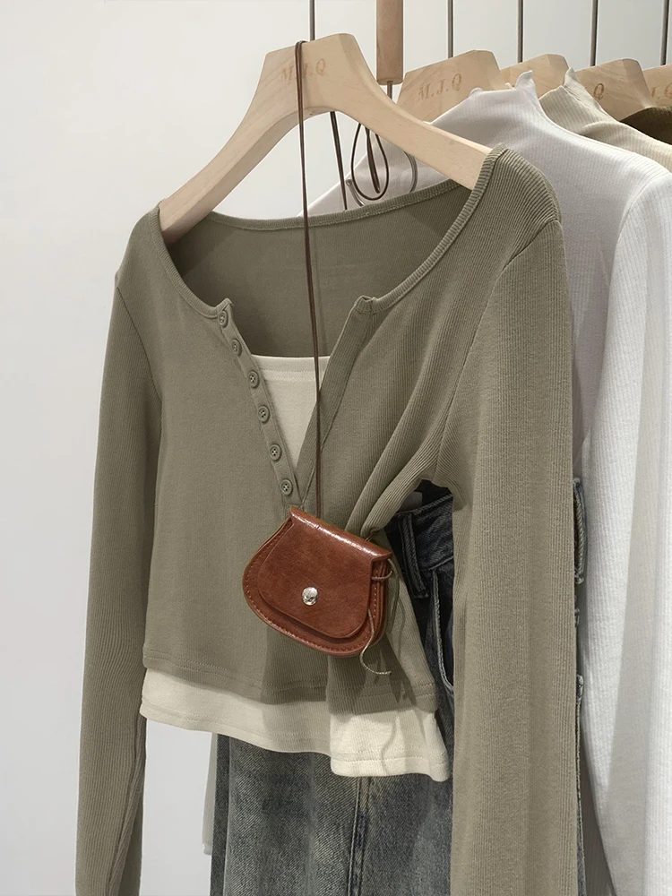 Color Block Long Sleeve T-Shirt Women's Short V-neck Base Shirt Autumn New Design Sensation Commute Style Cotton Blend Top