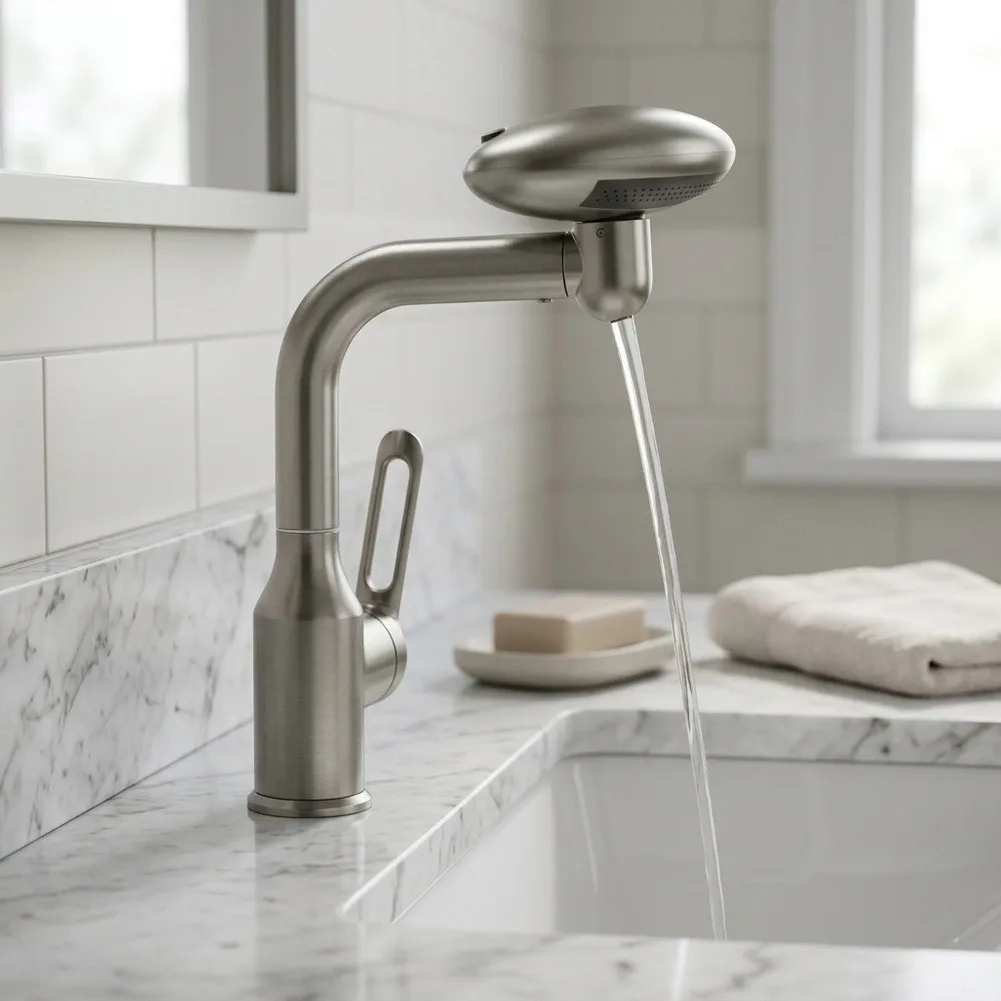 360 Rotatable Gunmetal Bathroom Faucet with Rain Waterfall Aerated Stream and Up Spray Water Flow Modes for Daily Use