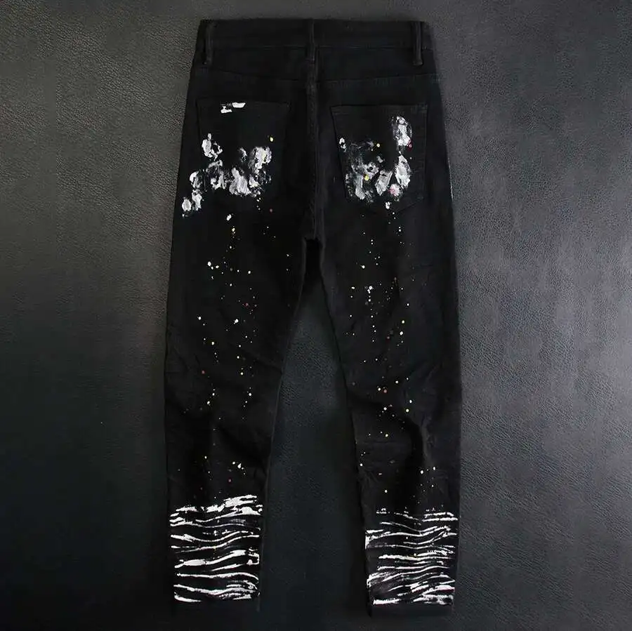 Paint Splatter Print Jeans New Men's Spring Fashion Streetwear Ripped Zipper Splicing Slim Fit Elastic Jean Black Jean Masculina