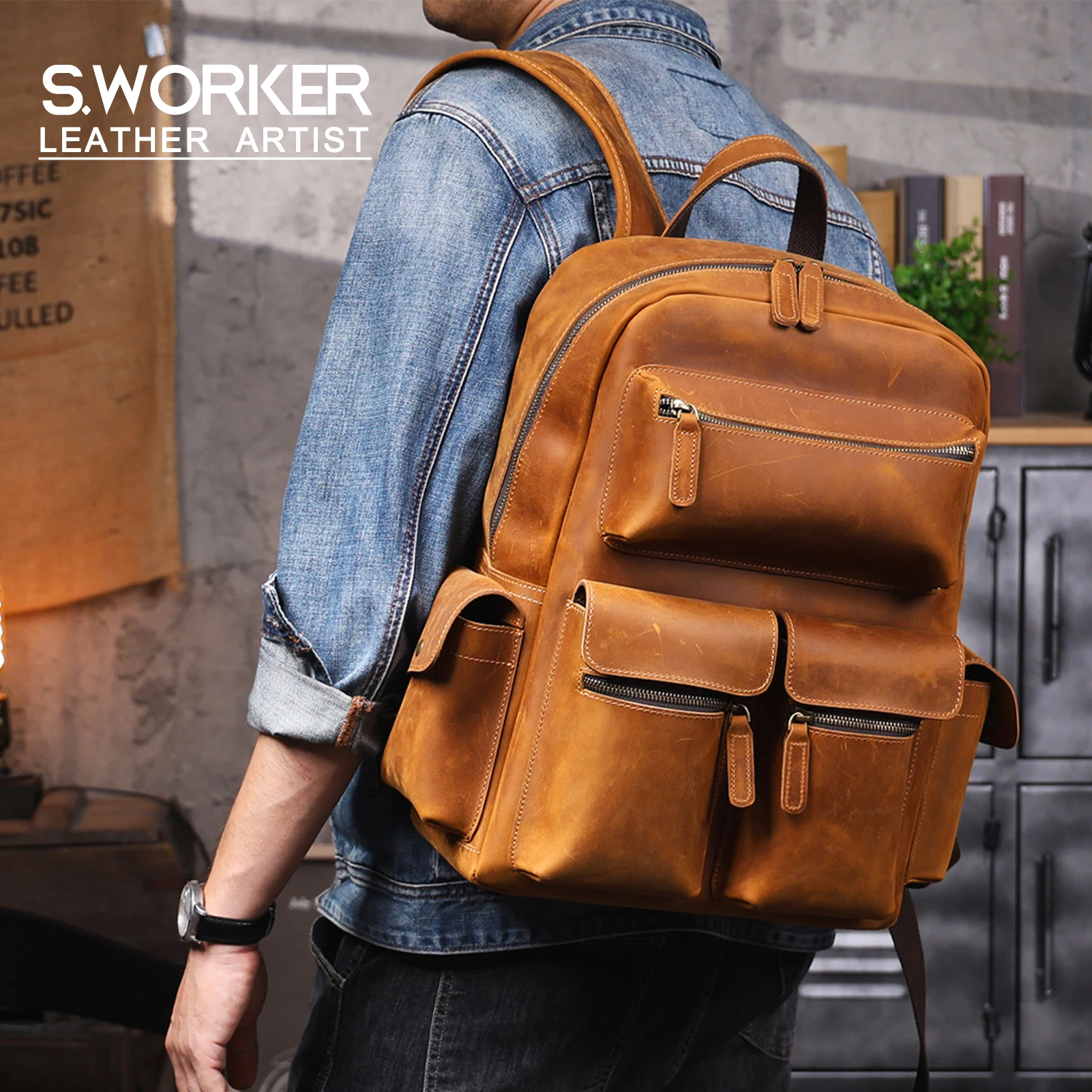 S.WORKER Vintage Echtleder Herrenrucksack Laptop-Tasche Vintage Freizeittasche Outdoor-Reise-Weekender-Tasche – Detail 2