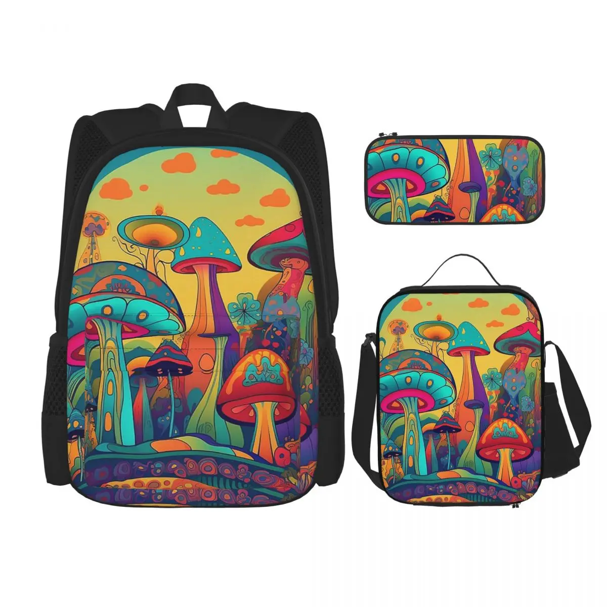 

Other Trippy Mushroom Backpacks Children Bookbag School Bags Rucksack Lunch Bag Pen Bag Three-Piece Set
