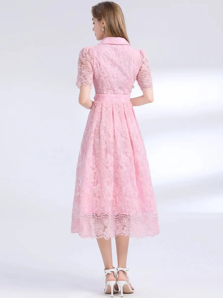 高品質ソリッドメッシュ刺繍スリムミディ丈ワンピース レディース ヴィンテージラペル半袖ラグジュアリービーズロングドレス ベルト付き