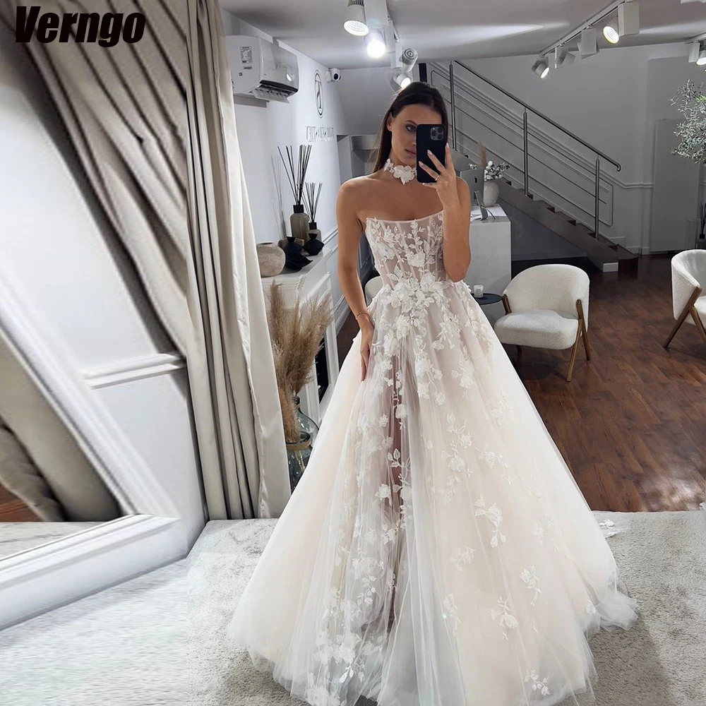 

Verngo A-line 2024 Wedding Dresses Strapless Sleeveless Tulle Appliques Bridal Gowns Tea Length Bride Dress Vestidos De Novia