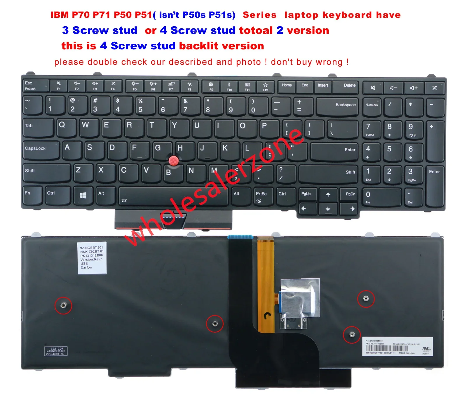 New keyboard for IBM Thinkpad P50 P51 series laptop US layout keyboard (can't fit P50s P51s) ---4 Screw stud version