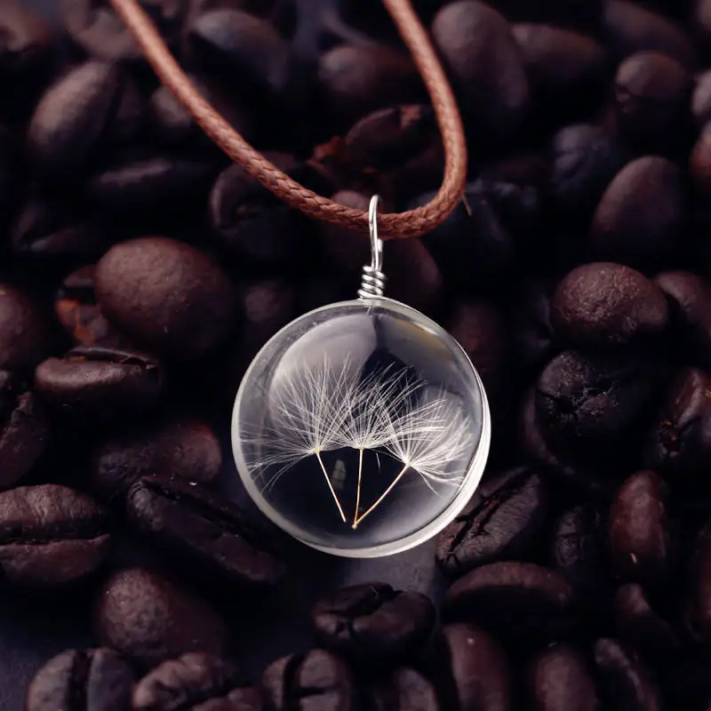 Round Dandelion Pendant Necklace Charm Natural Dandelion GlassCabochon Transparent Lucky Glass Ball Jewelry