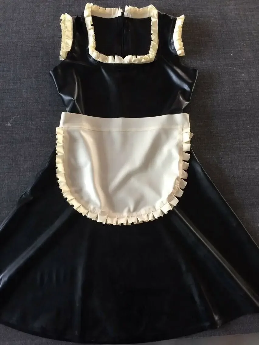 

latex rubber maid outfit cosplay uniform sexy lace dress black 0.4mm s-xxl