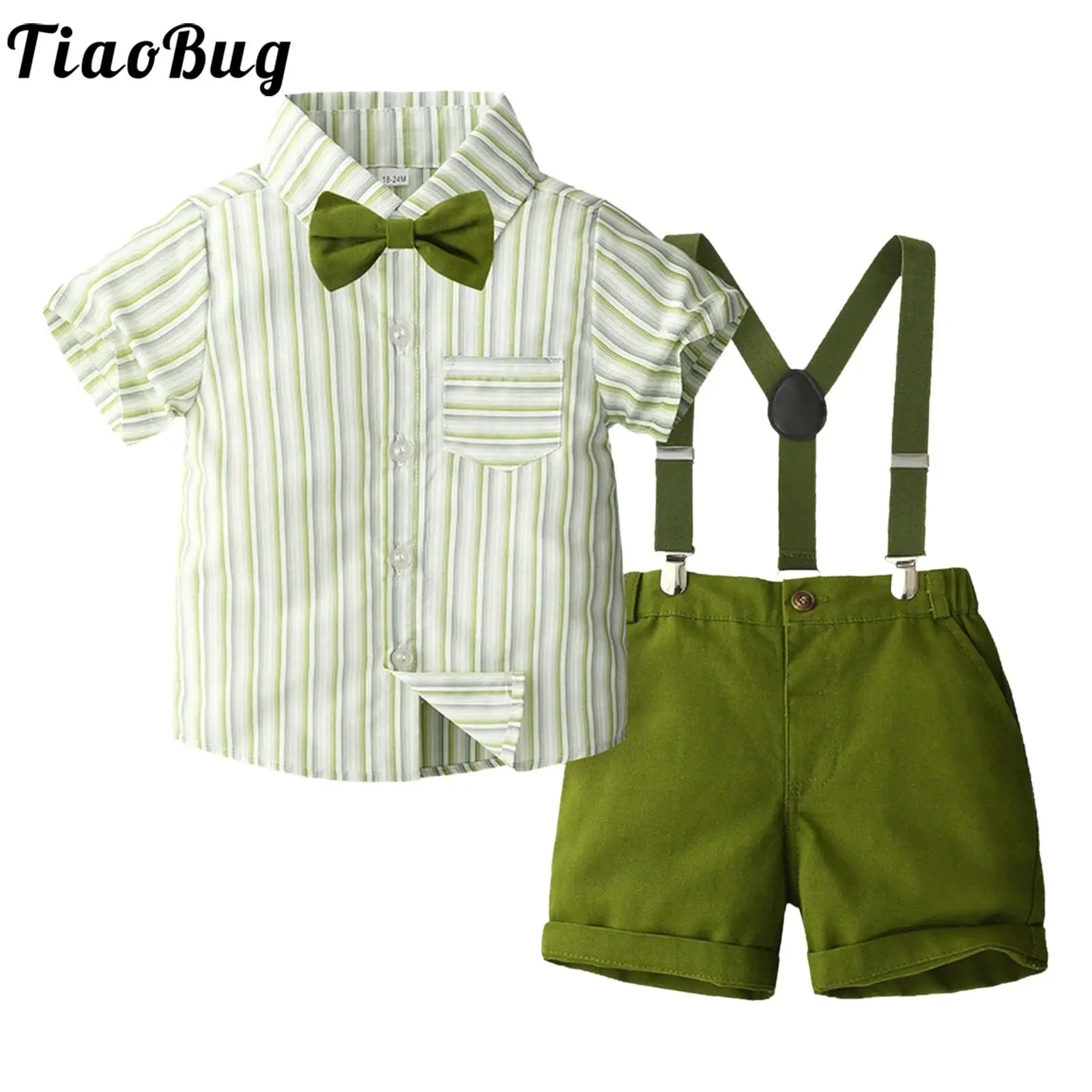 

Toddler Baby Boy Summer Gentleman Suit Short Sleeve Striped Shirt with Bowtie Suspender Shorts Kid Birthday Party Wedding Outfit
