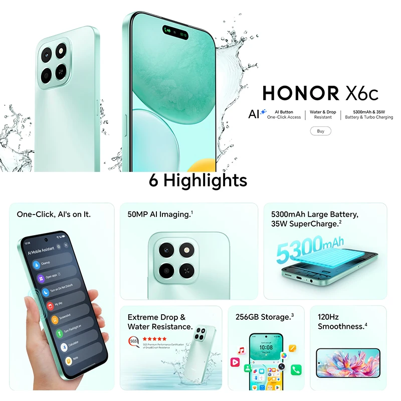 الإصدار العالمي للهاتف الذكي Honor X6C 5G Mediatek Helio G81 Ultra 6.61 بوصة شاشة LCD بطارية 5300 مللي أمبير في الساعة 35 وات سلكية