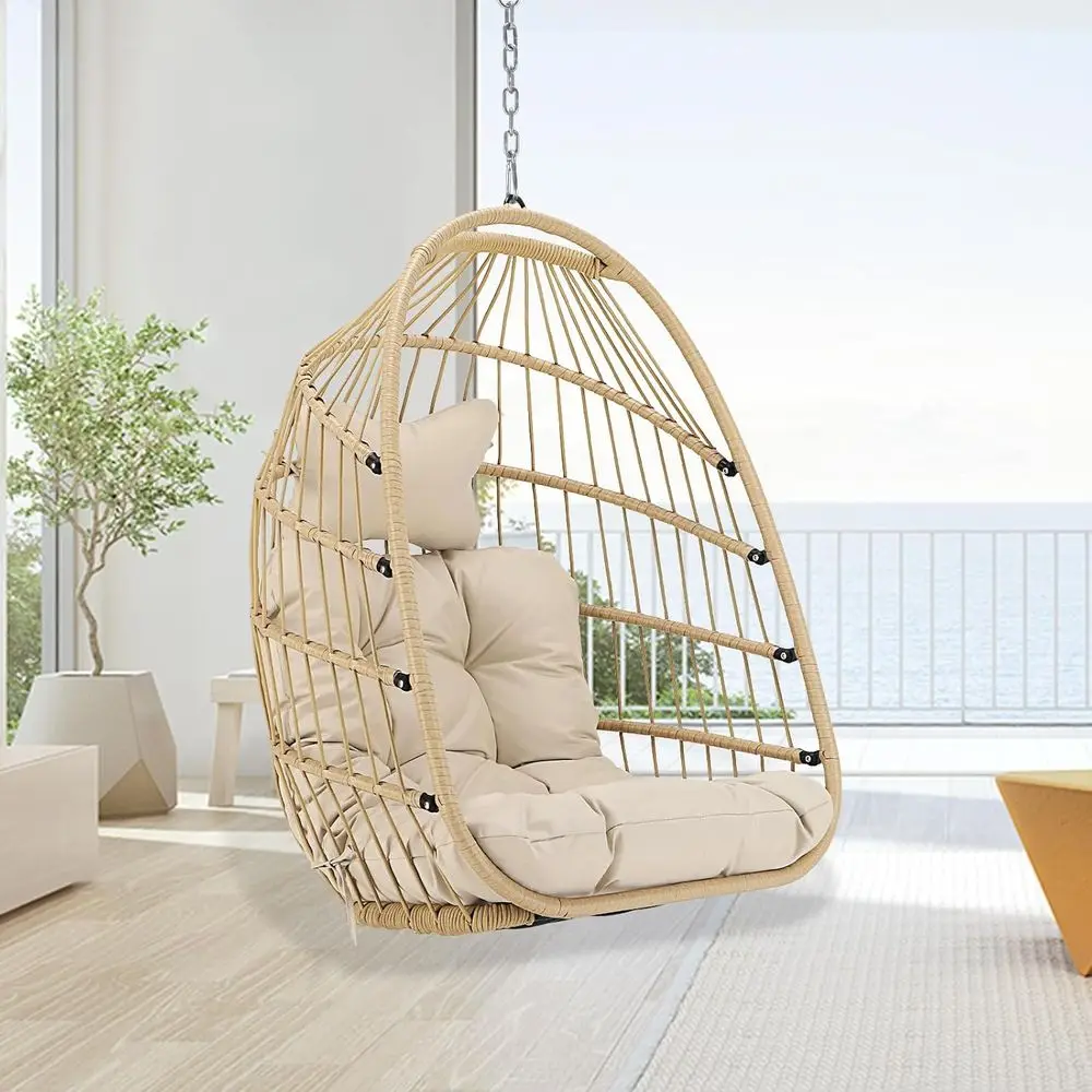 

350 lbs Capacity Rattan Swing Chair with Cushion, Suitable for Indoor or Outdoor Use, Beige