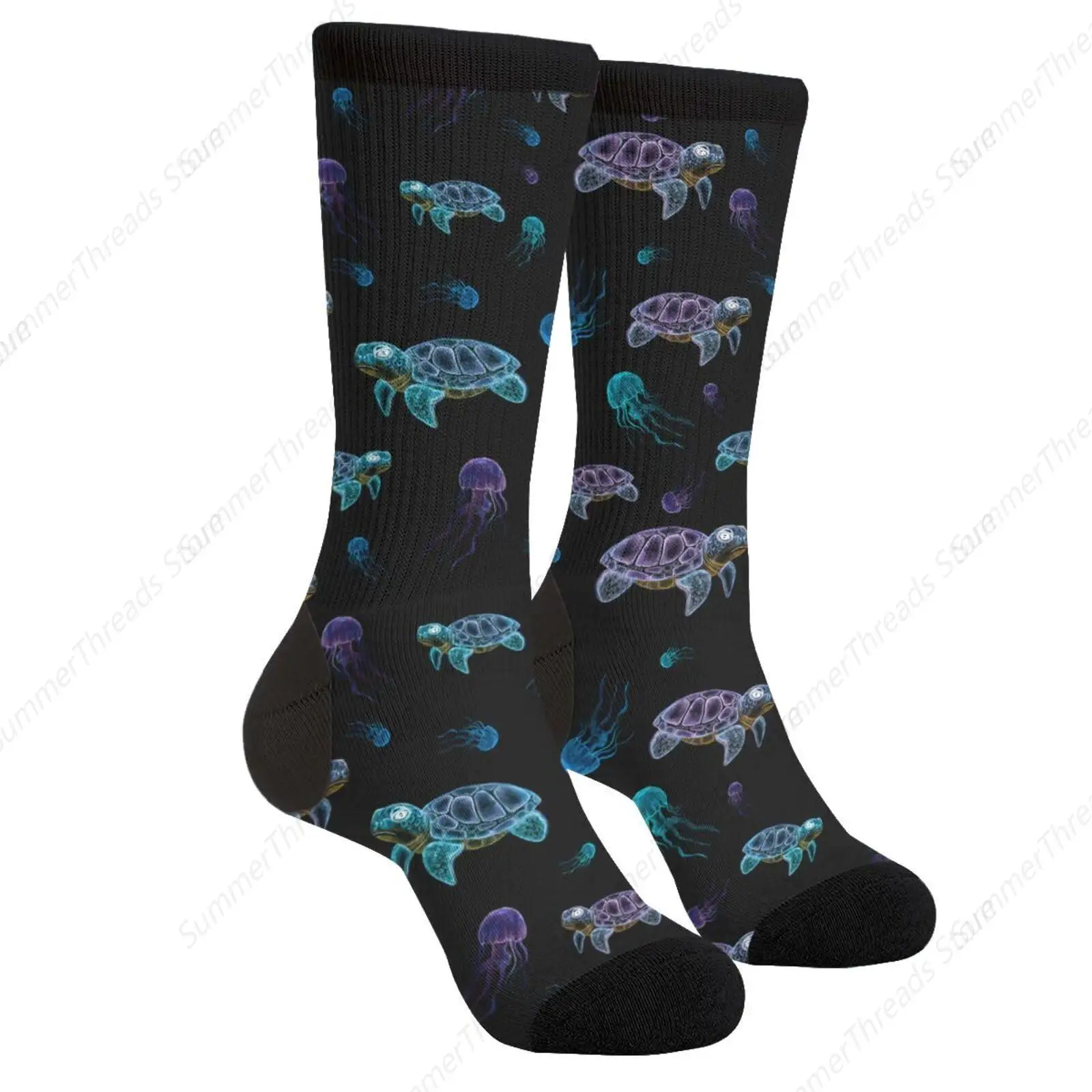 Jellyfish Purple Blue Turtle Ocean Nautical Casual Unisex Novelty Fun Crew Socks Fashion Comfortable Men And Women Crazy Dress