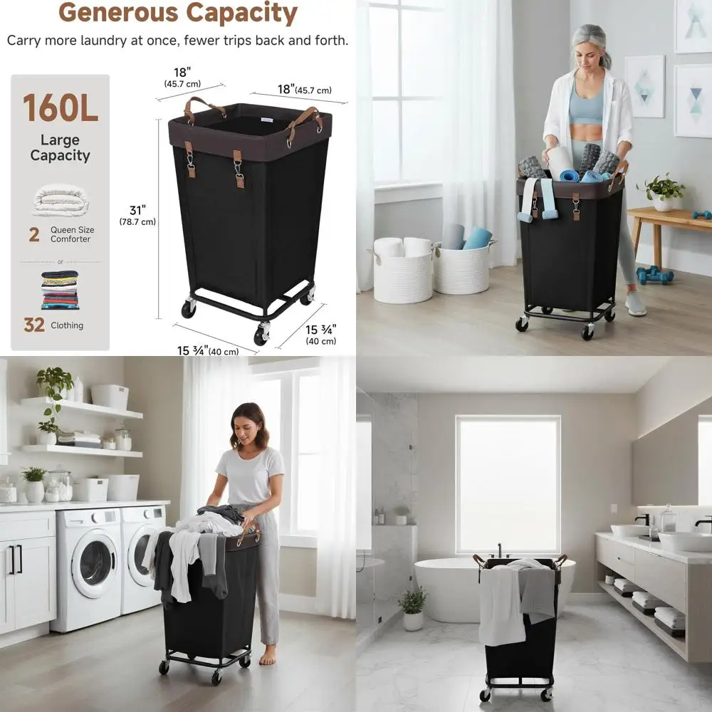 

Большая корзина для белья на колесиках, вместимость 160 л, черная для дома, гостиницы, общежития и использования в шкафу.
