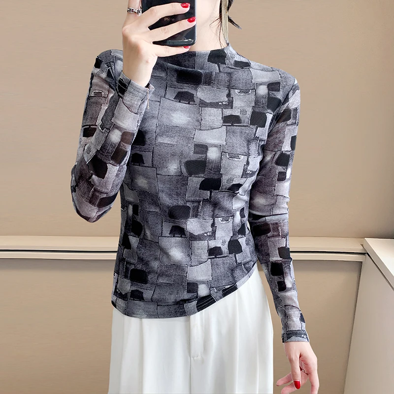 

Y2K Women High Stretch Mesh Long Sleeve Printed High Neck Shirt Autumn Winter Fashion Top