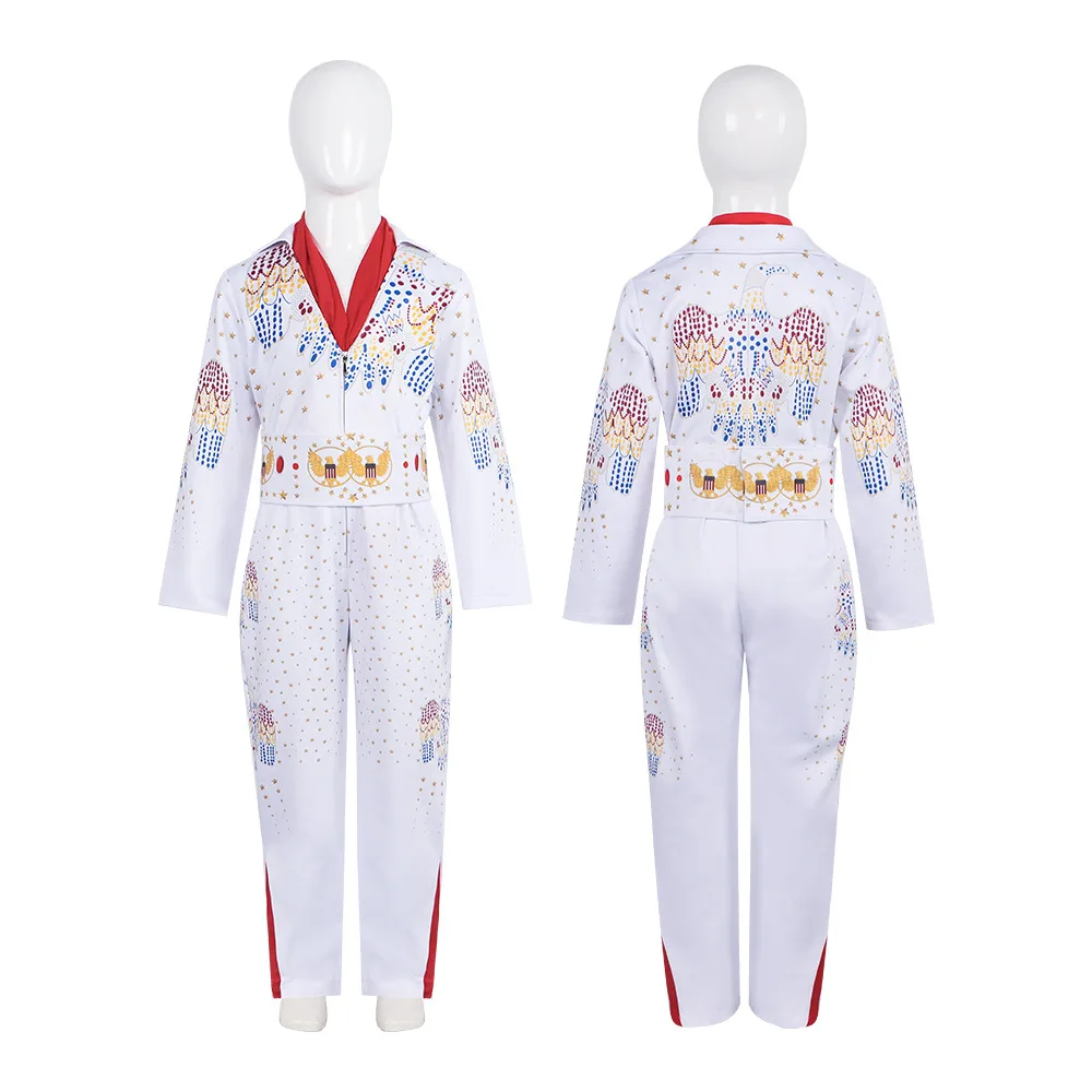 Rock singer King Cosplay Costume White Uniform Stage Performance Outfit Man Halloween Cosplay Clothing