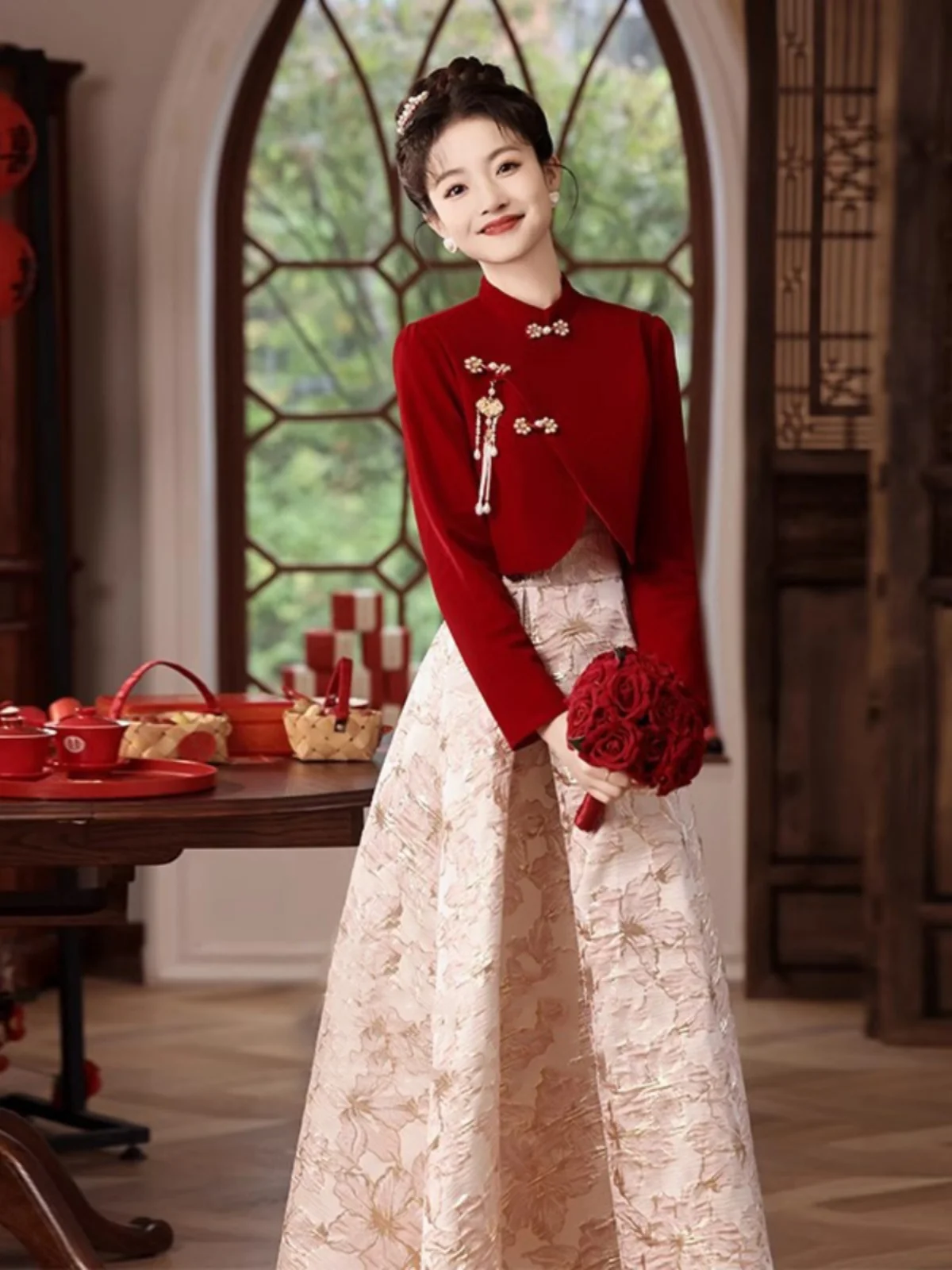 

Spring New Sle plus Size Wedding Dr Set High Waist A-Line Skirt Long Sve Floral Print for Engagement Par