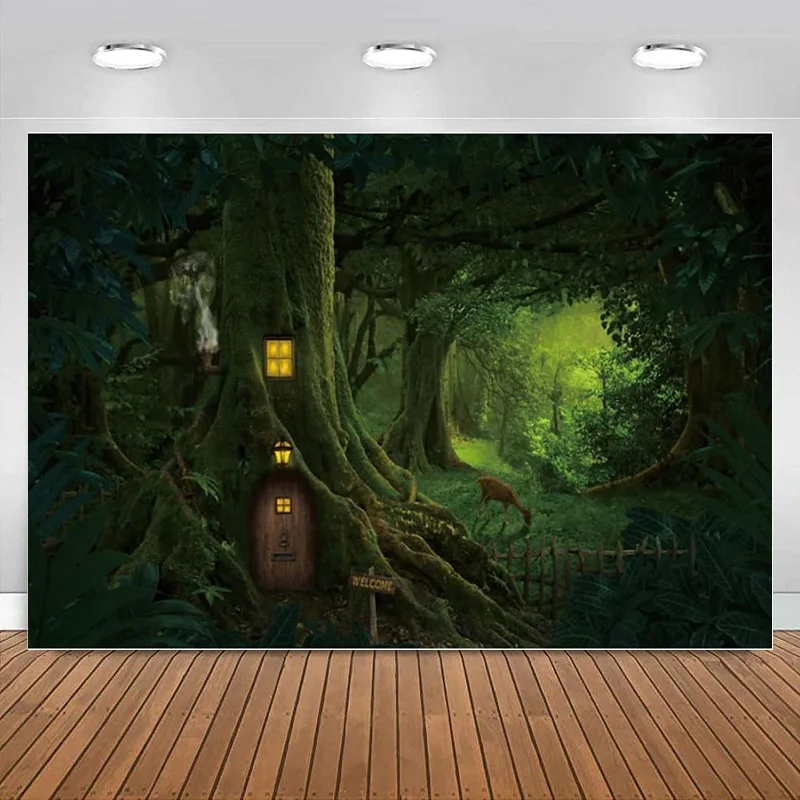 Enchanted Forest Backdrop Tree House Cartoon Fairy Tale Photography Background Birthday Party Decoration Banner Baby Fantasy Kid
