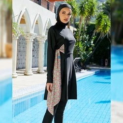 Maiô muçulmano com hijab para mulheres, maiô de 3 partes com manga longa, burkini, hijab, cor preta