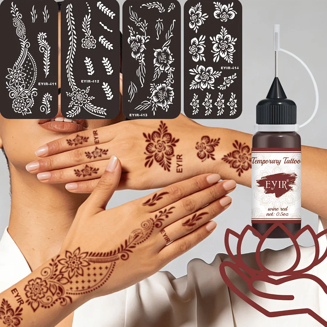 4 Sets Floral Tattoo Stencils With Red Wine Henna Tattoo Paste Temporary Body Art Makeup Kit DIY Hand Painting Festival Party