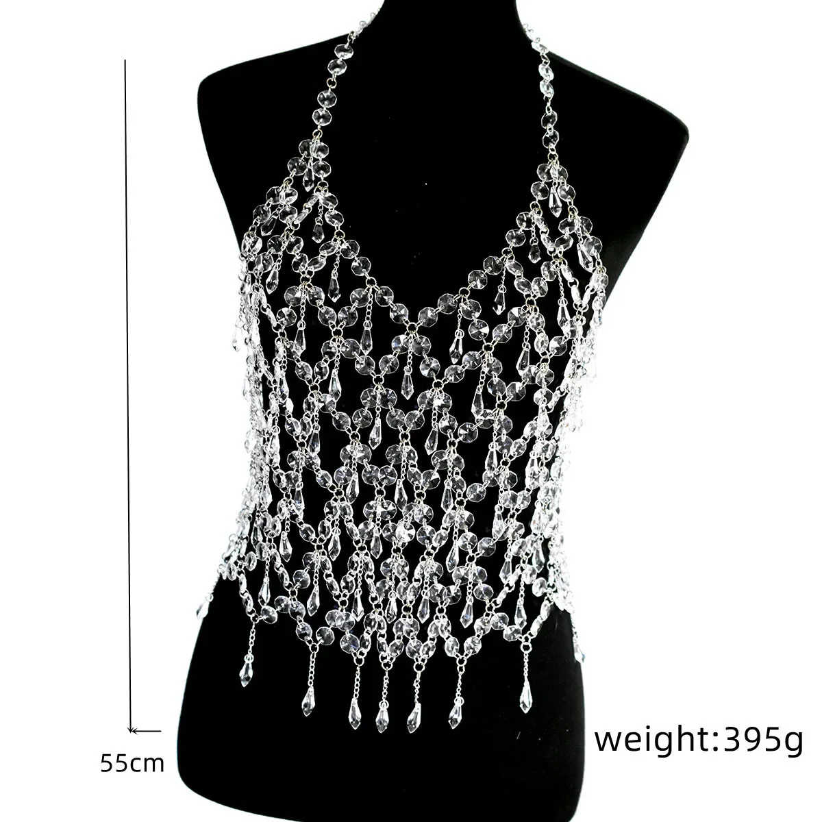 Sexy Tassel Rhinestone Chic Women\'s Lingerie Body Chain Top Water Drop Fishnet Crystal Shiny Chest Bra Bikini Sling Vest Jewelry