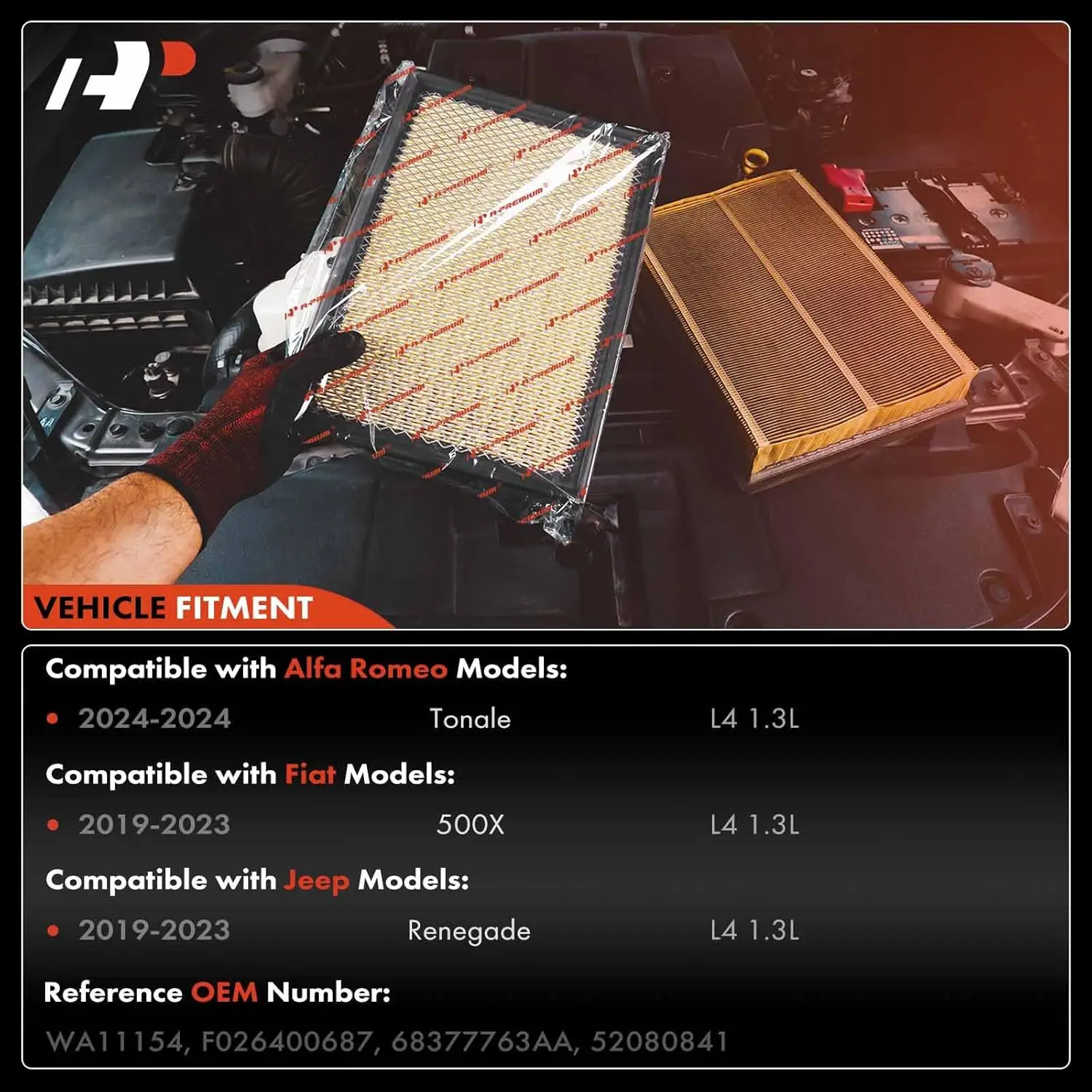 Filtro de ar do motor compatível com Jeep BU Series Renegade 2019-2023 e Fiat 500X 2019-2023 e Alfa Romeo Tonale 2024, 1,3L, substituição