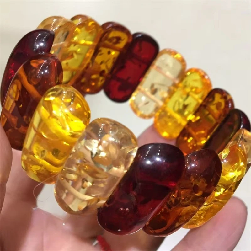 

Yellow Colorful Amber Bracelet Women Healing Gemstone Fine Jewelry Genuine Baltic Flower Ambers Square Beads Bracelets Bangles