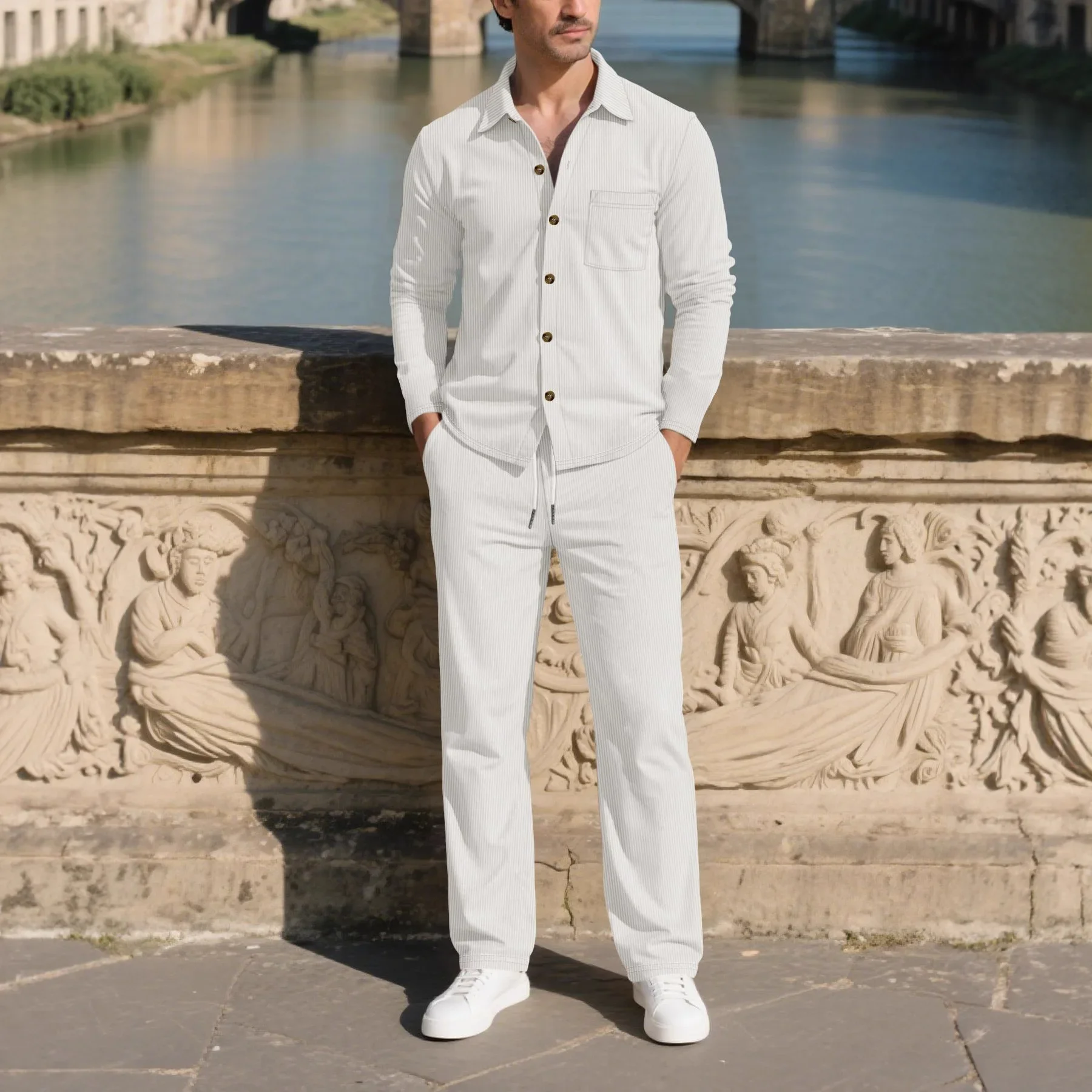 

Мужская повседневная рубашка, кардиган, брюки с длинными рукавами, комплект четырех сезонов, новый стильный открытый кардиган на пуговицах