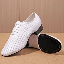 Tênis de dança quadrada perfurada branca masculina, sapatos de dança de salão, fundo de dois pontos, dança latina moderna