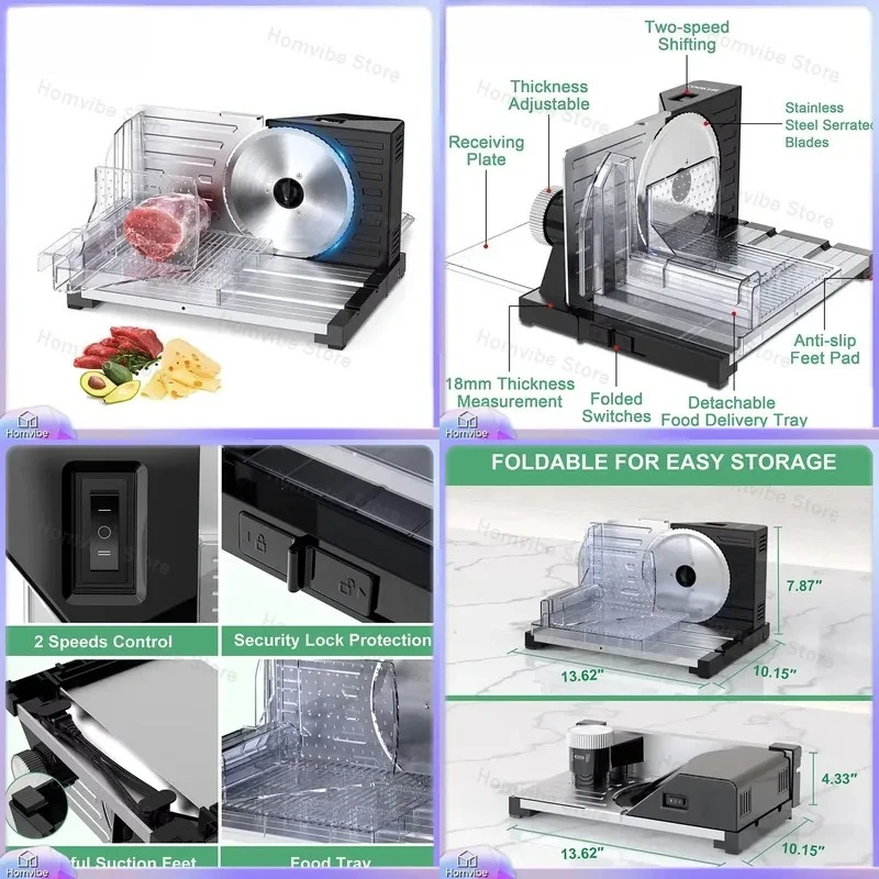 

110V 220V Electric Meat Slicer for Home Kitchen Stainless Steel Blade Adjustable 0-18mm Thickness Foldable Lamb Beef Pork