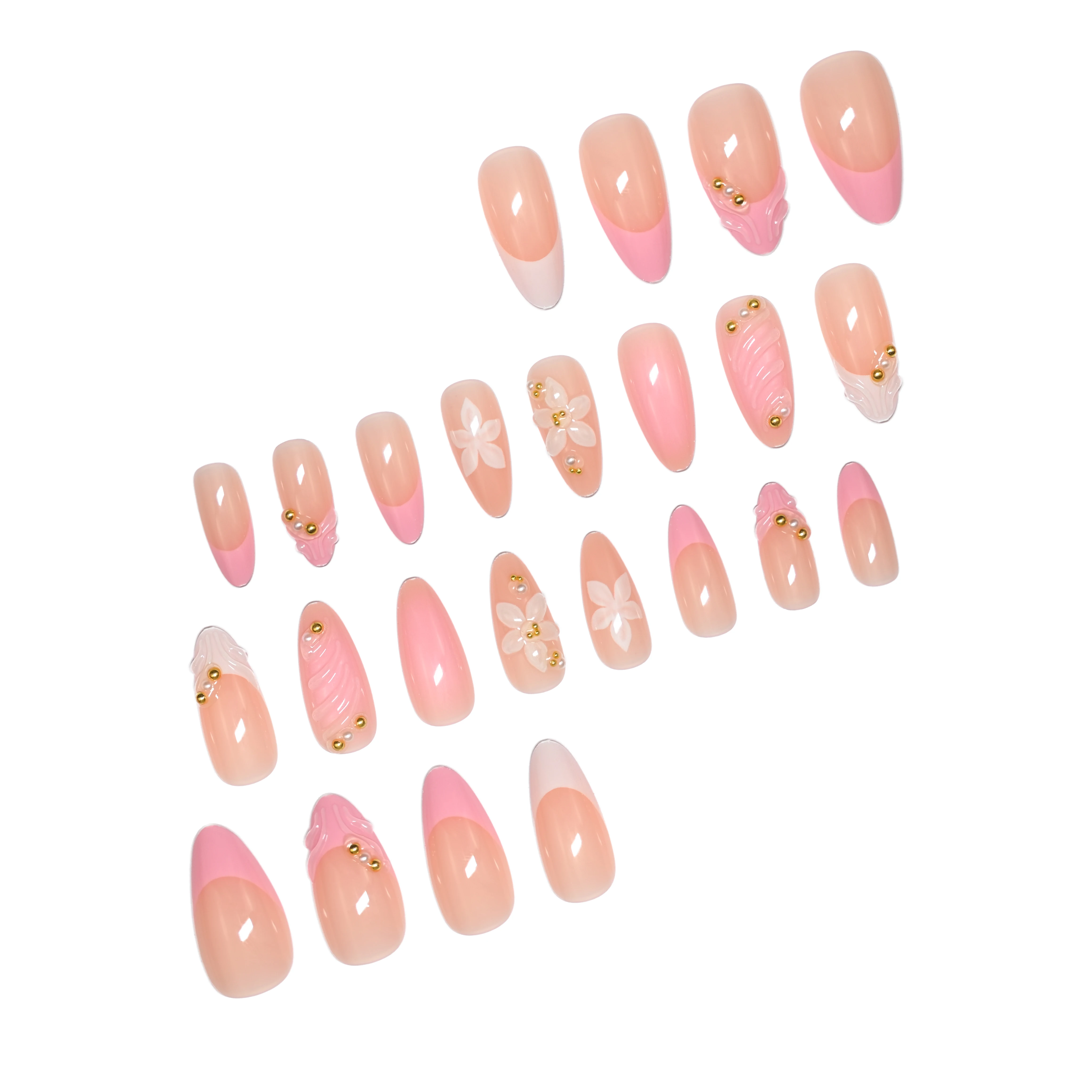 Transform Your Nails | 24Pcs Luxe Elegant Pink & White Color-block 3D Wavy French Press On Nails, Almond Shape with Floral & Gol