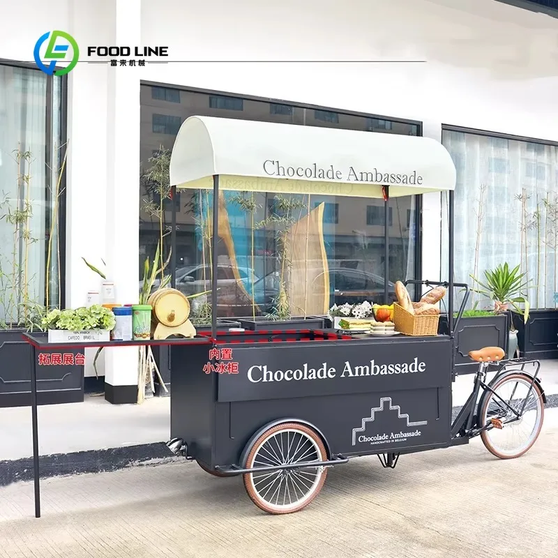 

Customized 3 Wheel Bike Street Food Delivery Bike Crepe With Display Freezer High Standard Ice Cream Coffee Push Bike Food Cart