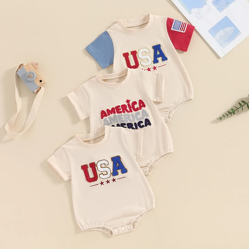 

2024-03-01 Lioraitiin 0-12M Infant Baby Boys Girls 4th of July Clothes Jumpsuit Letter Embroidery Short Sleeve O-Neck Romper