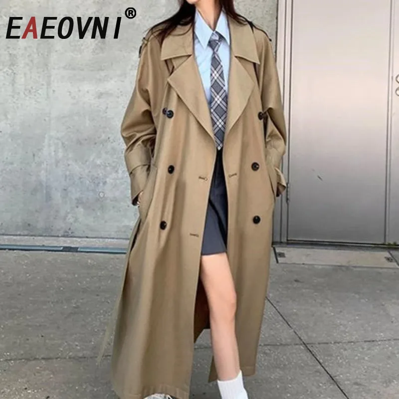 

EAEOVNI осенняя темпераментная длинная куртка пальто для женщин однотонная модная лоскутная ветровка на пуговицах на поясе модная одежда
