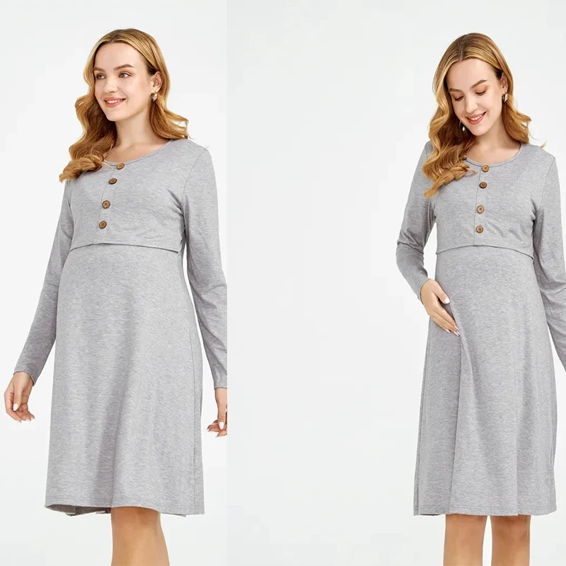 Summer Women's Solid Color Maternity Long-sleeved Dress Comfortable Beathable Round-neck Fashionable Breastfeeding Dress