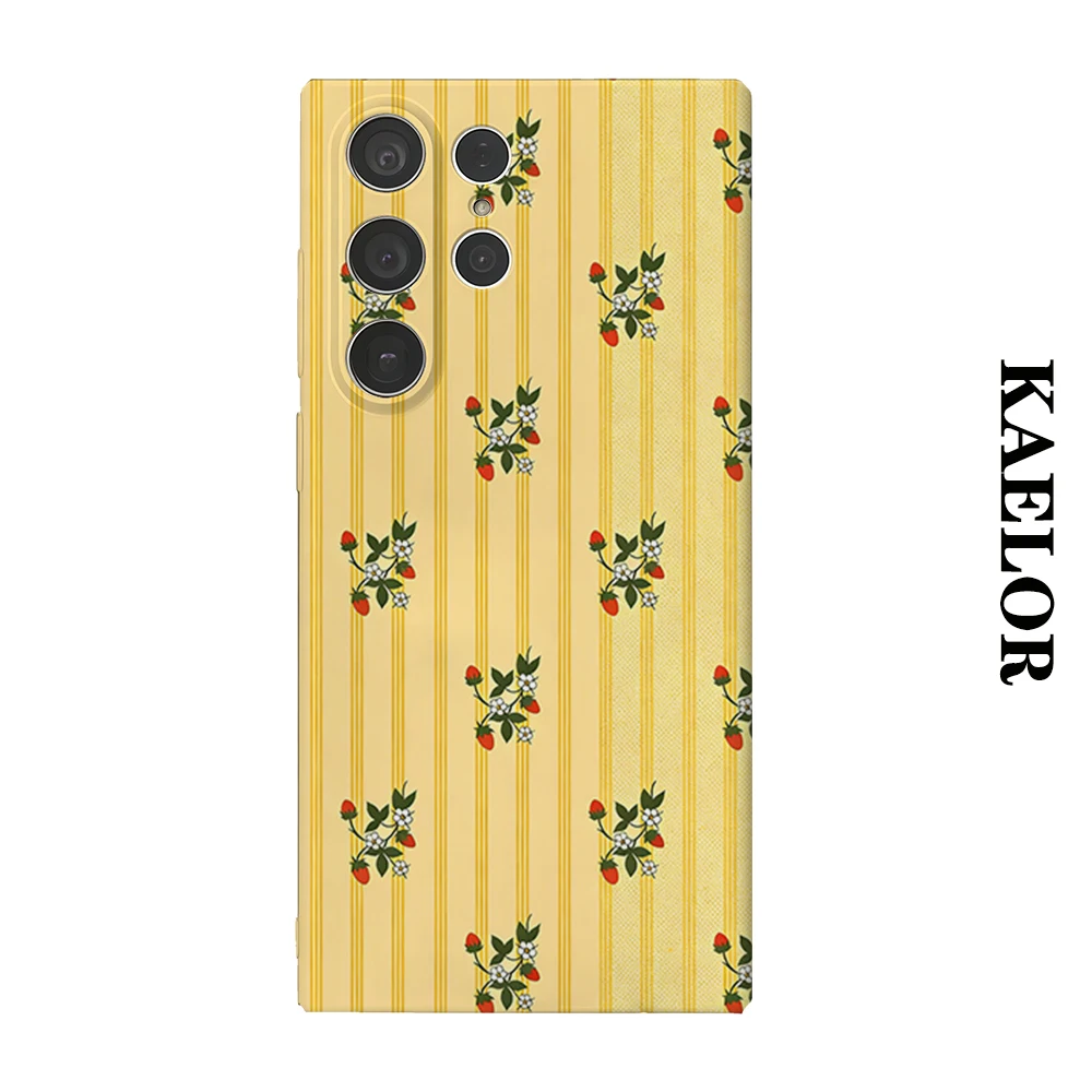 Yellow Stripe Strawberry Durable Shiny Double-layer Case for Samsung S26 Ultra S25 S24 S23 Plus Anti-drop Resistant Cover