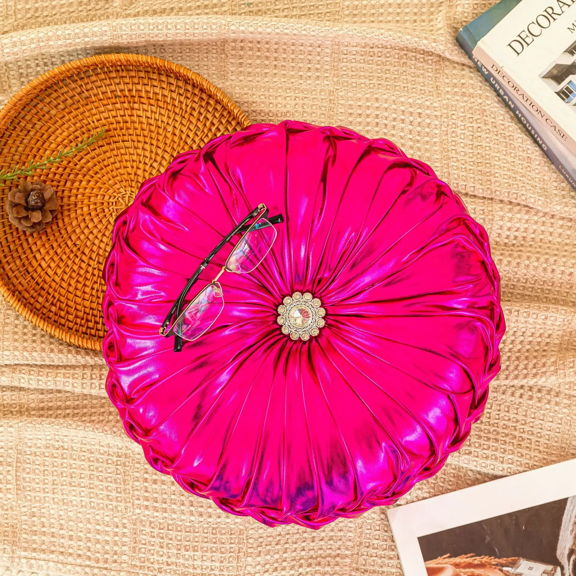 Round Shiny Fabric Wheel Pillow Pumpkin Cushion for Sofa Bed Headrest Bay Window Decor