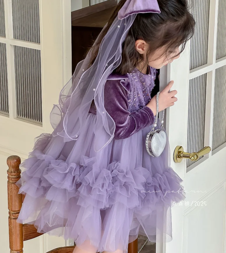 فستان شبكي قطيفة بأكمام طويلة لخريف الطفل الجديد، فساتين حفلات أزياء الأميرة للأطفال 2-8 T